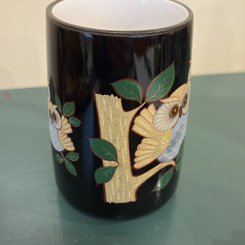 Otagiri Black Ceramic Mug with Hand-Painted Gold-Accented Owl Trio - Picture 2 of 8